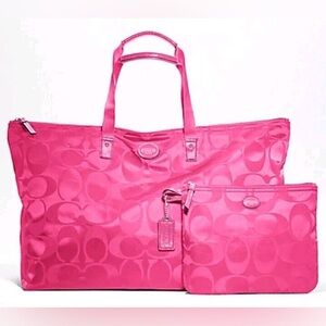 Coach Signature XL Hot Pink Nylon Getaway Tote Weekender bag foldable